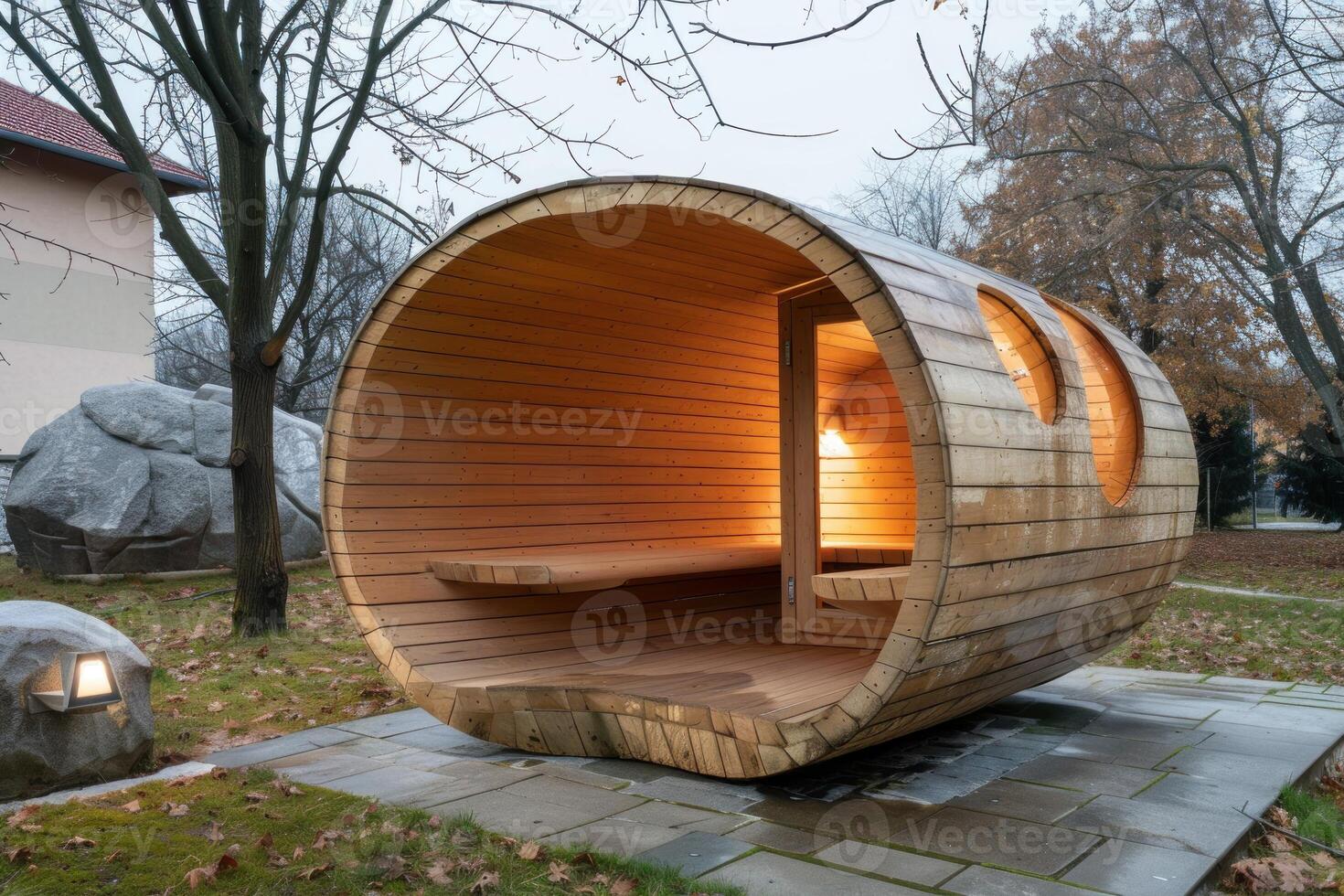 Cedar barrel sauna installed in a residential backyard garden in autumn — a finished Cedar & Steam build