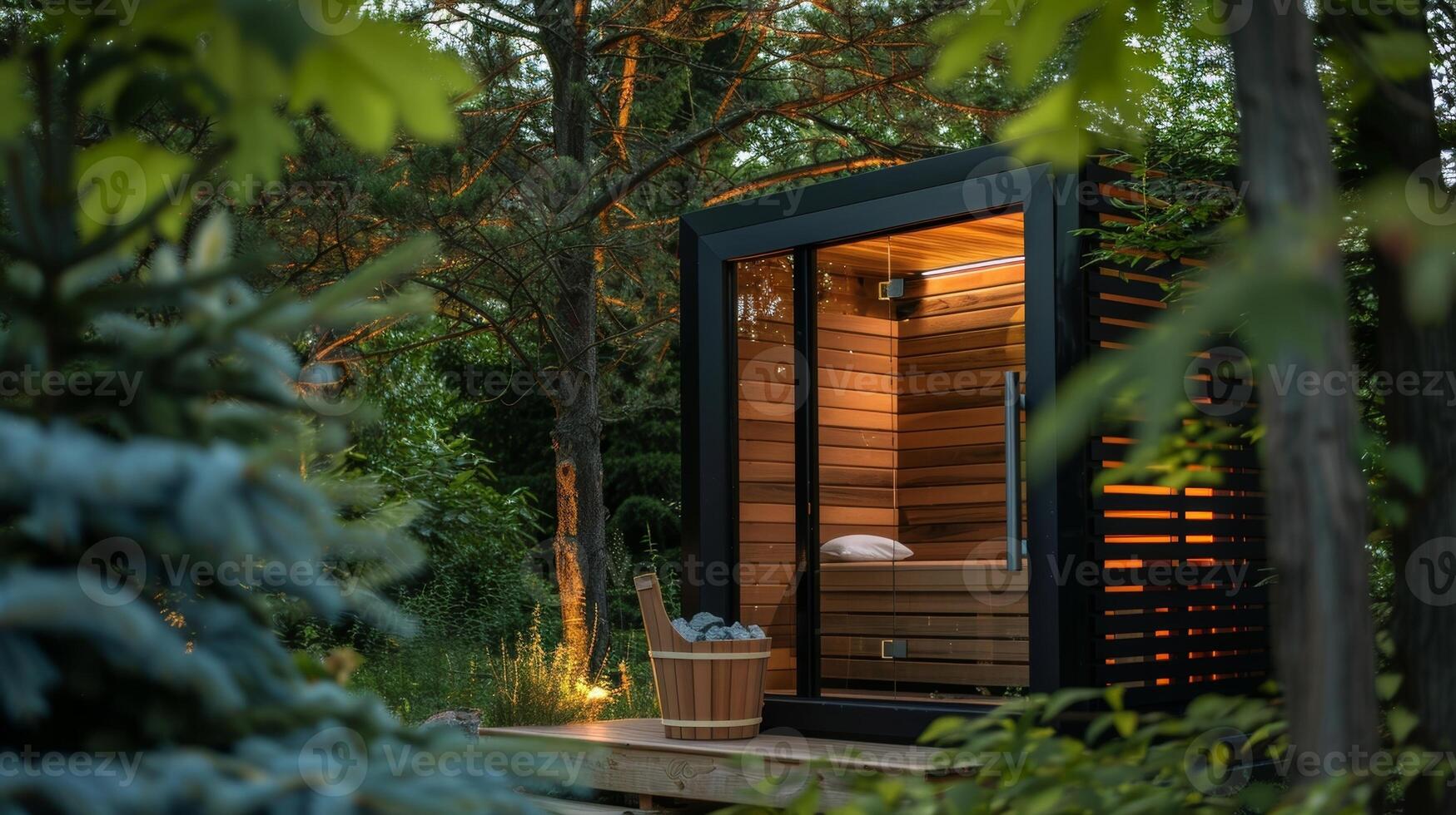 Modern glass-front cedar sauna cabin nestled in a forest garden at dusk — custom outdoor build by Cedar & Steam